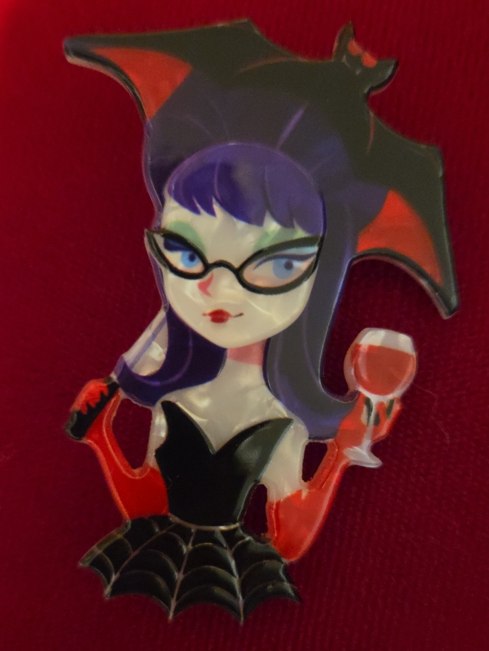 Purple Vampire Bat Witch Acrylic Brooch- Black & Red Accent